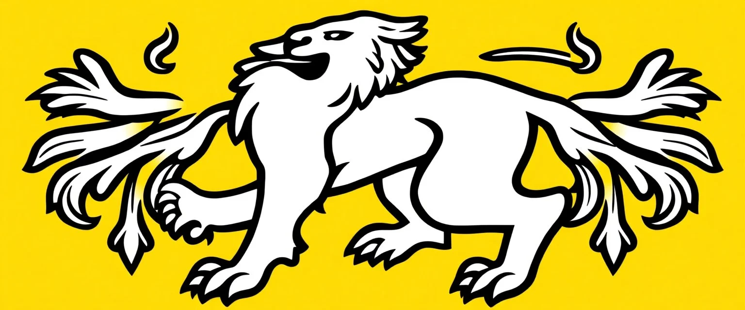 wide heraldry Lion, full body , black outline and red interior on yellow background, simplified vector logo