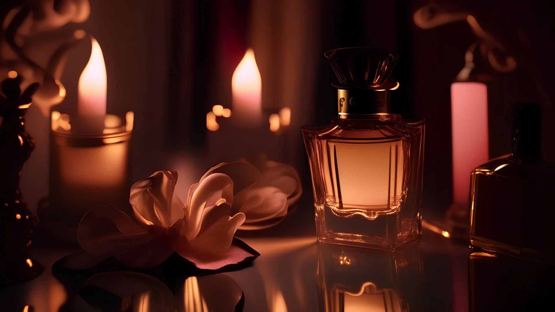 generate me an aesthetic photo of of perfume for Perfume Bottles in a Romantic Candlelit Setting