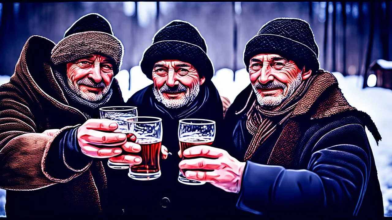 close-up photo, european hungarian villager mens in dark winter cloths toasting men's hands holding short drink glass glasses with water, winter, low light, background blur old authentic villager faces, high detalied, sharp focus, high realistic, perfect photo