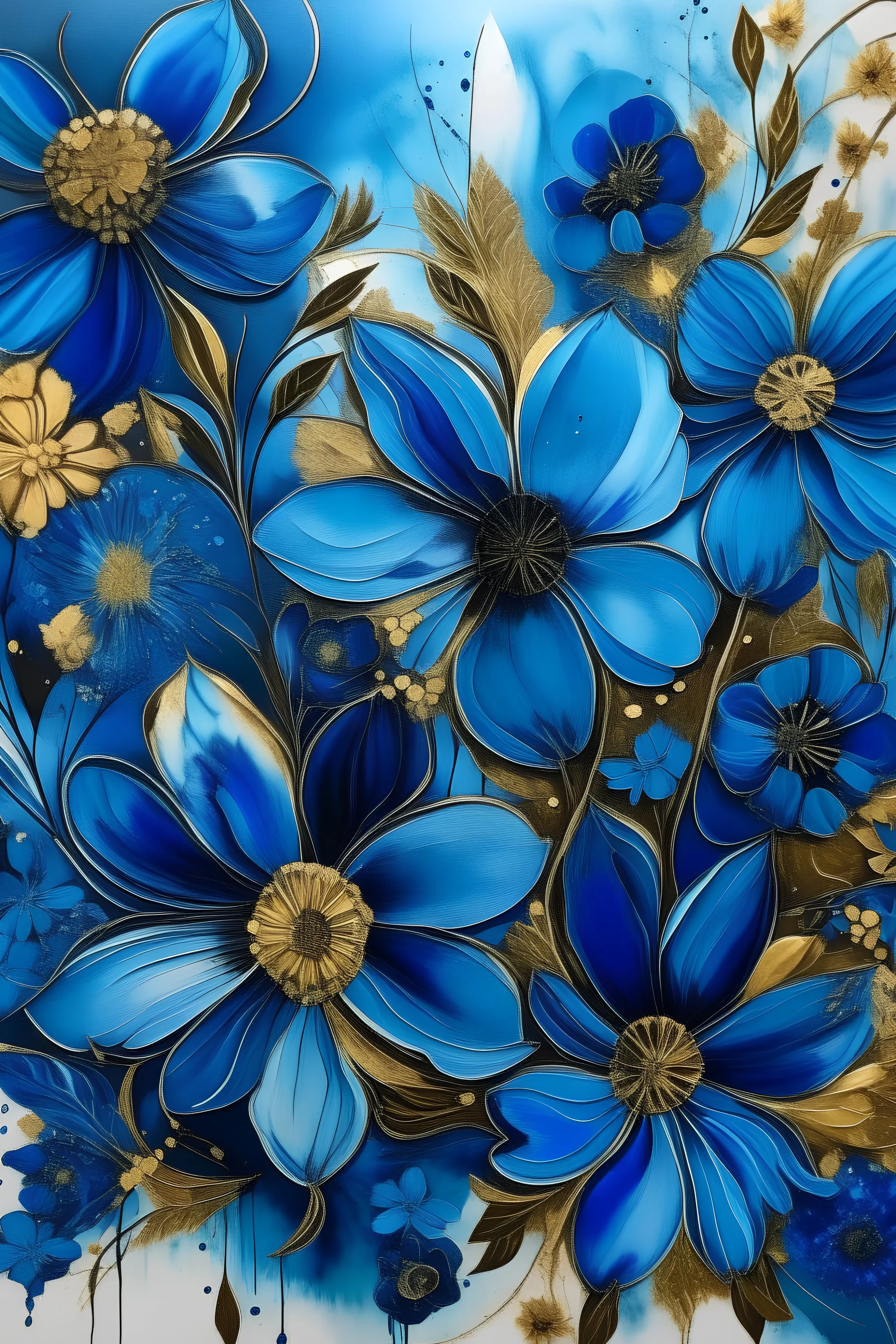 boho painting of cobalt blue flowers with metallic gold details