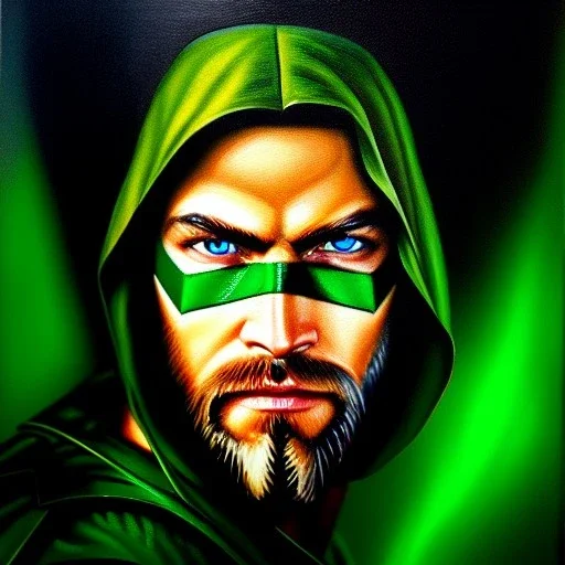 ultra detailed fullbody Portrait in oil on canvas of Green Arrow, extremely detailed digital painting,intrincate, extremely detailed face,crystal clear Big Glowing eyes, mystical colors , perfectly centered image, perfect composition, rim light, beautiful lighting, 8k, stunning scene,extremely sharp detail, finely tuned detail, ultra high definition raytracing, in the style of robert e howard and pablo oliveira and Ken Kelley and Ohrai Noriyoshi and Simon Bisley and tomzj1