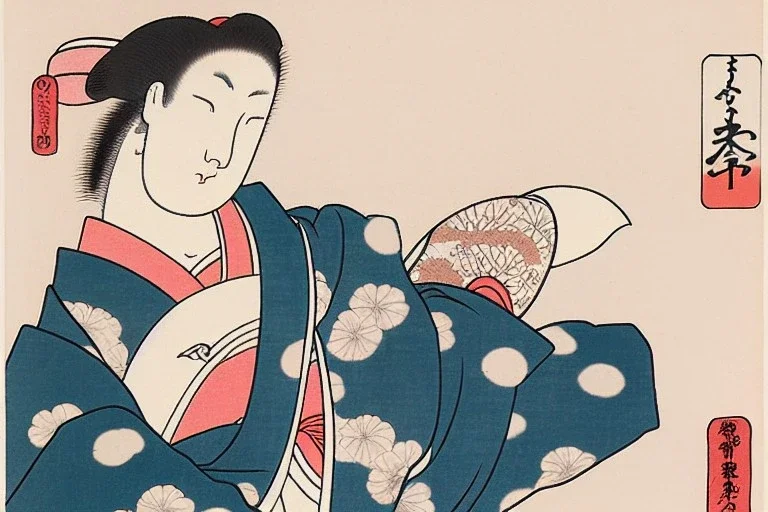 ukiyo-e style print of a white rabbit with a human body wearing a soft pink yukata and walking by the sea