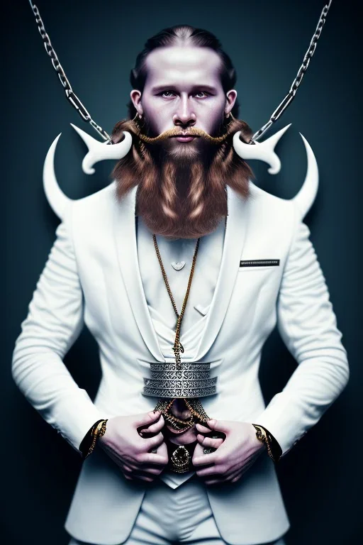 Viking BDSM style, 8K, a Highly detailed portrait of a man holding a submissive woman in a chain, white suit, beard, and short hair