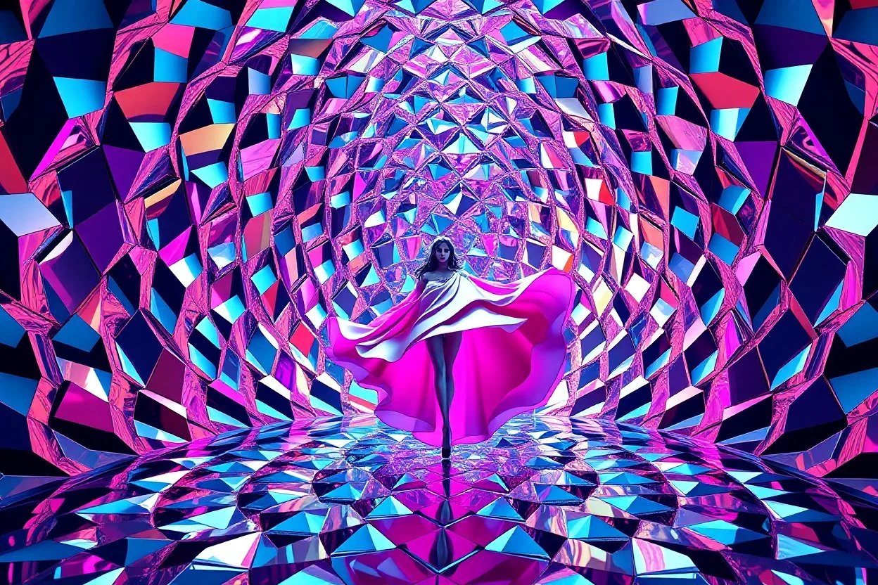 very complex structure ,pretty color environment 3d metalic recursive animating beveled geometric base very complex structure emiting mirror bubbles that broke, goddess lady in a pretty cleric dress comes out dancing gracefully , viberating color moving very in modern city escape environment while camera tracking it.
