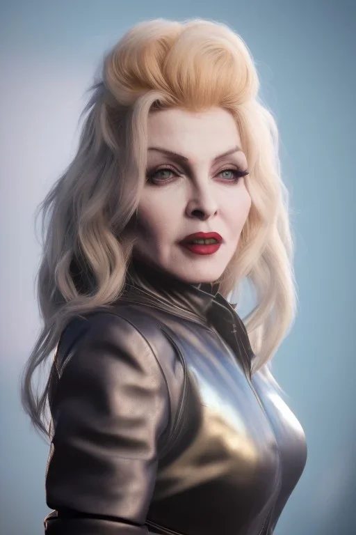 Madonna as an evil queen in leather, volumetric lighting, particles,highly detailed,cinamatic, deep colours,