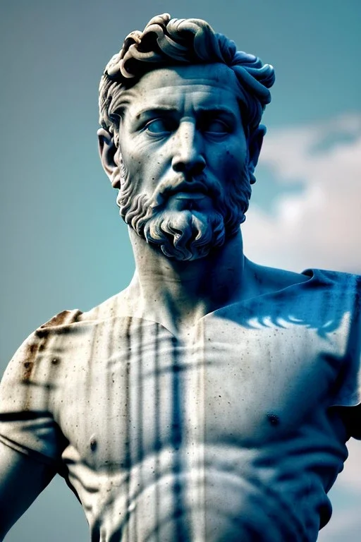 Ultra Realistic image, roman sculpture, deluxe white marble material, otamendi soccer player, Renaissance style, miguel angel style, chisel style, emperor, waist up portrait, epic, celestial, cinematic lighting, God light, god rays, 4k resolution, smooth details, ornate details, unreal engine 5, blue sky background.