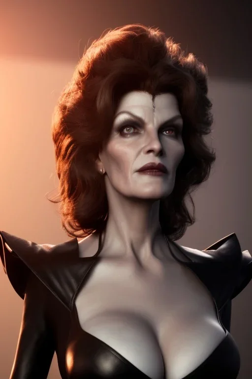 Rene Russo as evil queen in black leather, busty, cleavage, angry, stern look. character design by fenghua zhong. unreal engine 5, artistic lighting, highly detailed, photorealistic, fantasy