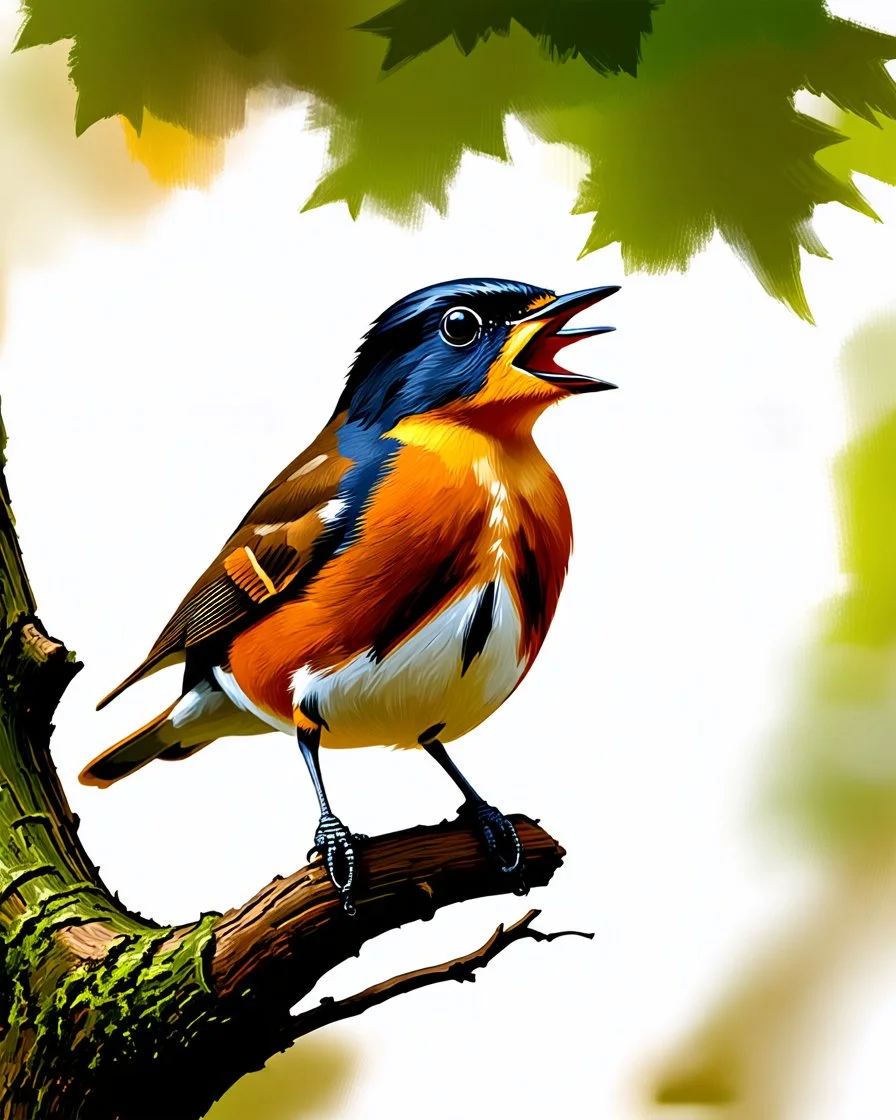 A beautiful bright close-up image of an American robin bird, standing on a tree branch while singing. Hyper-realistic hyper-vibrant hyper detailed oil painting.