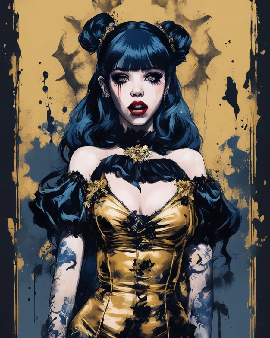 Poster in two gradually, a one side malevolent goth vampire girl face and other side the Singer Melanie Martinez face, full body, painting by Yoji Shinkawa, darkblue and gold tones,