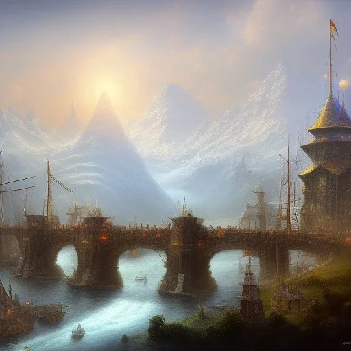  ships buildt into city,draw bridge, dam bridge city,snow capped mountains, spray paint, mongols, chalk,chimney,warhammer, fantasy game art