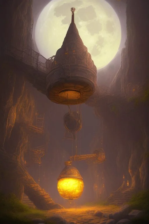 abstract, Moon like lamp in a dwarven mine underground, dungeon