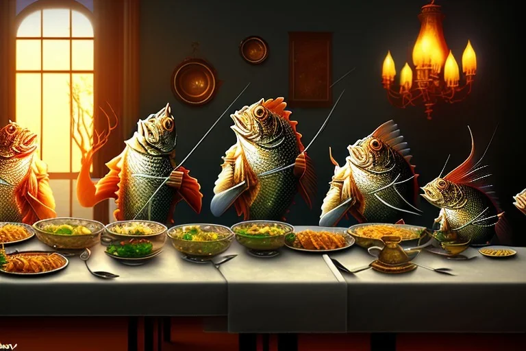 supper, fish sit at the table and eat pieces of people.