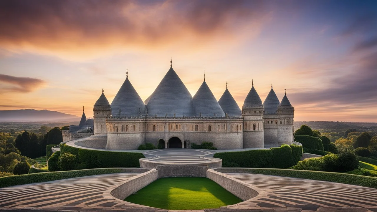 2055, rule of thirds, delightful, sensitive, confident, undulating sinusoidal castle with pointed hyperbolic roofs, delicate, sunrise, symmetrical, exquisite architecture, innovative design, perfect symmetry, award-winning photograph, beautiful composition, filled with beautiful detail, delicate colour, chiaroscuro