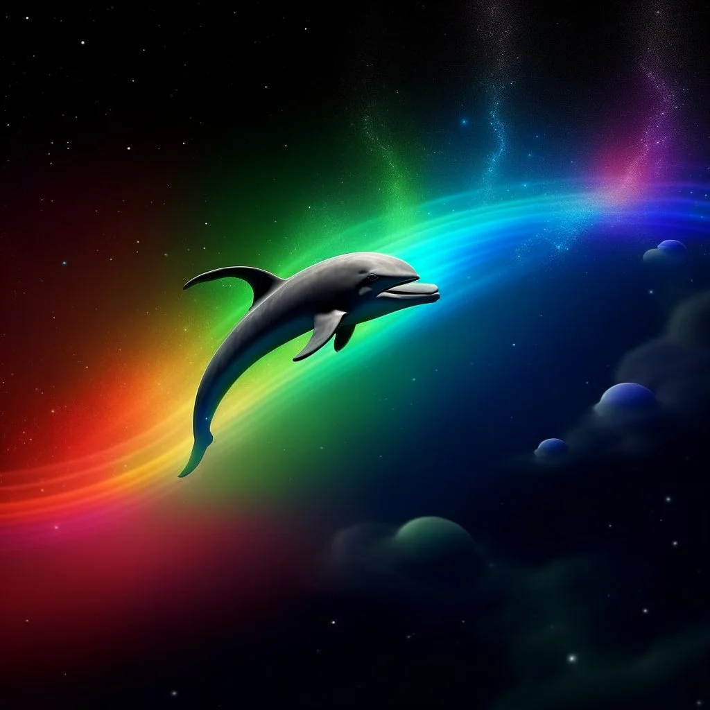 a dolphin flying in the space with a rainbow behind him