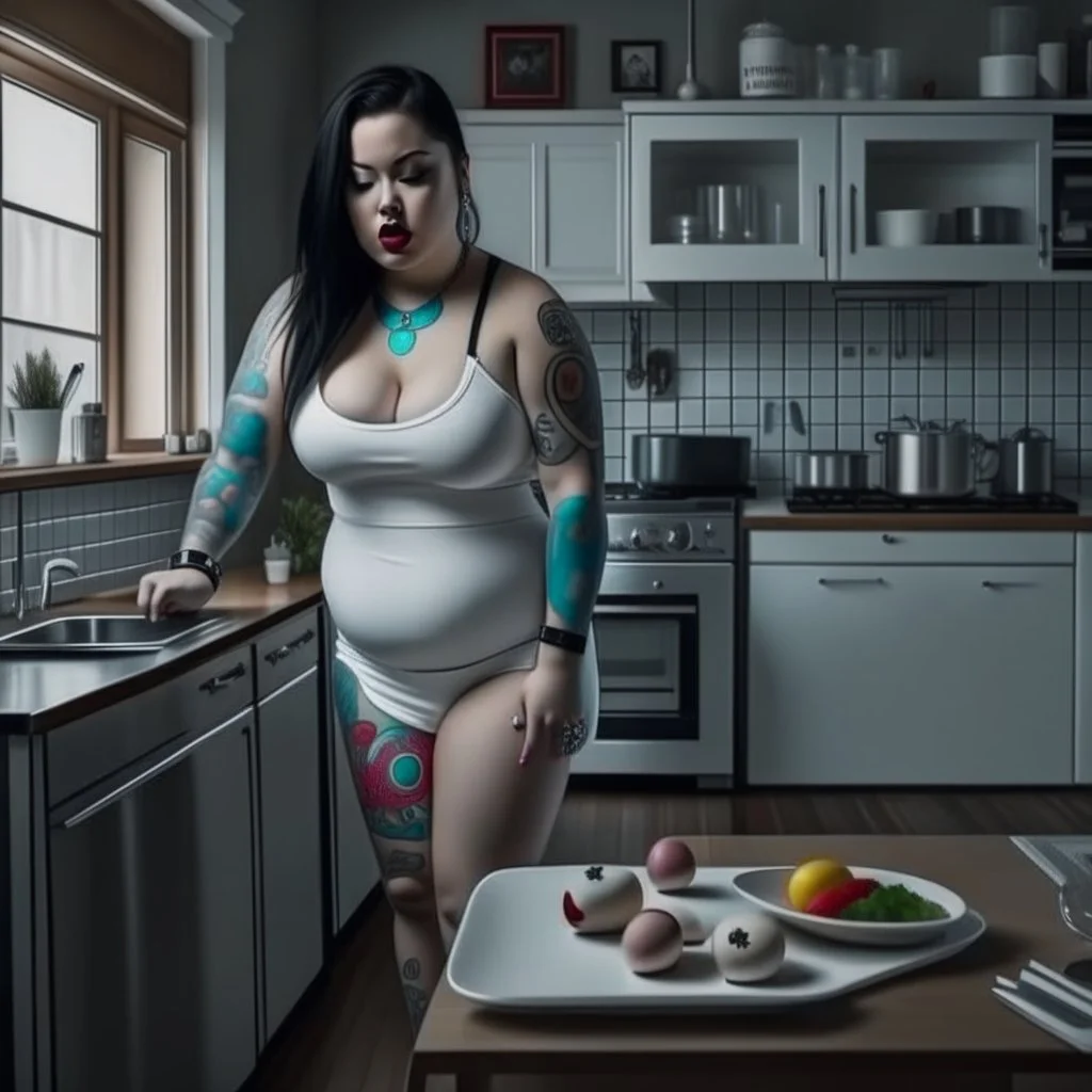 Picture of a photrealistic, lifelike,young 33 year old chubby extreme tatood girl sleep walking in kitchen with big scary knifes in her hands