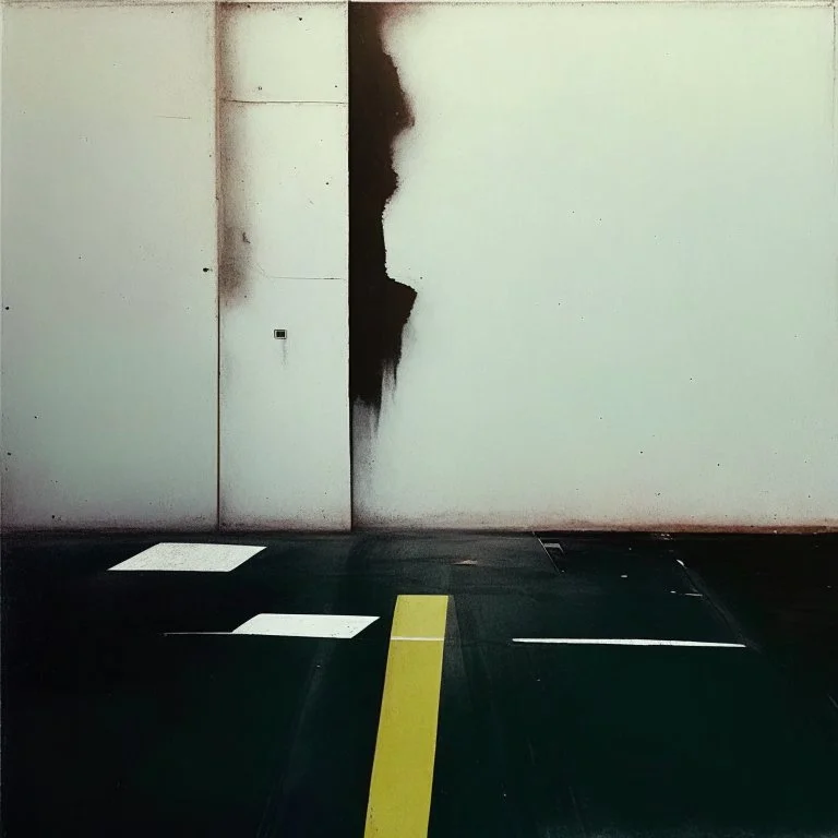 Minimal contemporary abstract oil paintings of a desolate 1960s carpark with road markings and concrete fragments. style of Justin Mortimer and Francis Bacon.