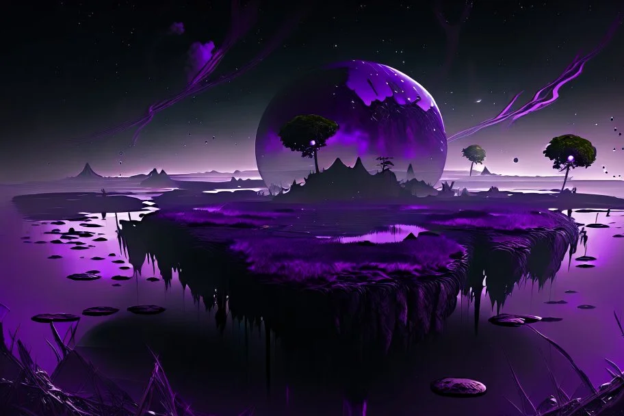 Floating Islands, Dark Purple and Black Night Sky, Stars, Space, Distant Alien Planets, Numerious Islands, Dead Grass, Dense Purple Fog, Standing on Island, First Person View