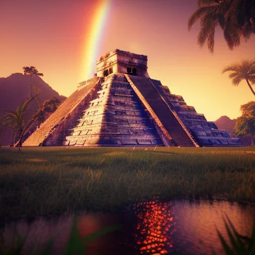 Chichen Itza, sunset, rainbow sunset, waterfall, palms, twigs, spring, sunset rainbow, bridge flying birds, unreal engine 5, cinematic lighting, realistic, hyper detailed, 8k, octane render