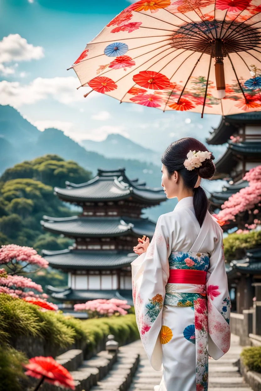 serene and captivating scene of a graceful Japanese woman dressed in an exquisitely designed white kimono adorned with colorful flower patterns. She gently carries a traditional Japanese umbrella as she walks towards a majestic temple. The background showcases a breathtaking panorama of the viewer's landscape, with the temple appearing in the distance. Surrounding the temple, lush green plants and blooming flowers add a touch of vibrant color amidst the pastel yellow and orange hues of the sunri