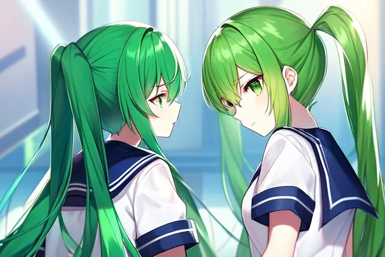 girl, masterpiece, best quality, volumetric lighting, detailed outfit, perfect eyes, long hair, green hair, green eyes, twin ponytail, school outfit, angry, looking back,