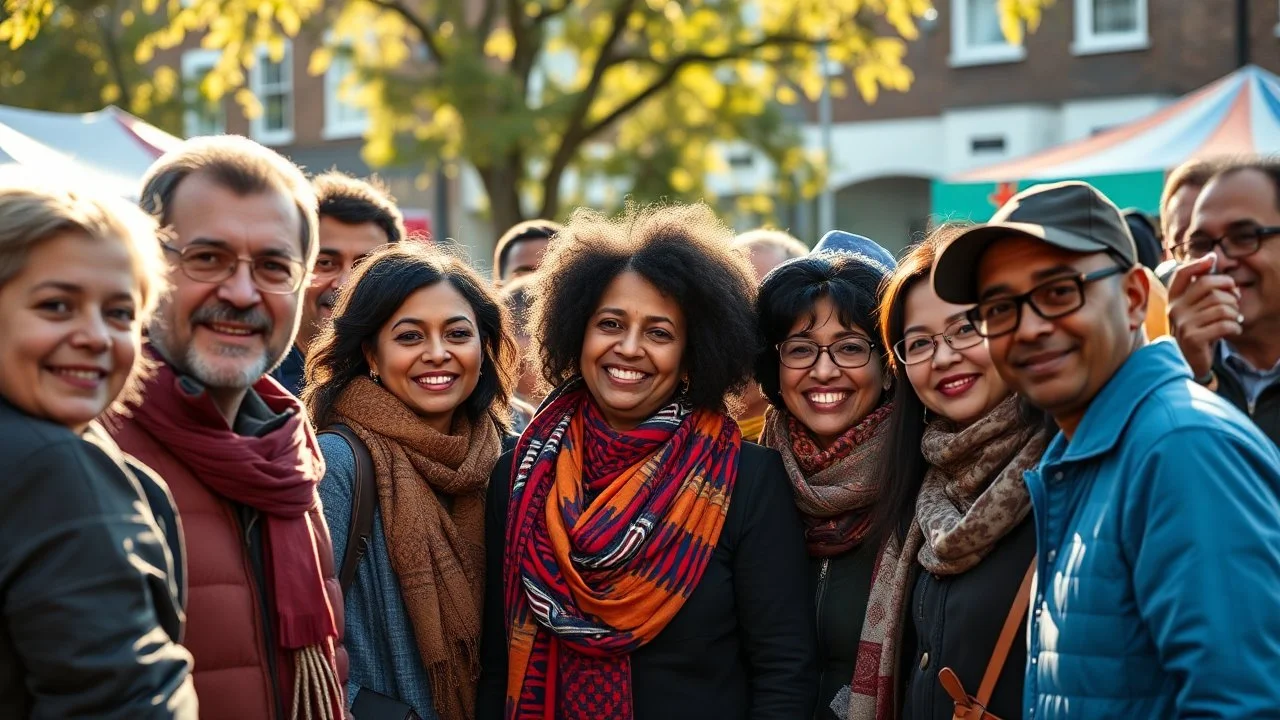 Nikon D850 with Nikkor 24-70mm f/2.8 lens at f/5.6: [18 volunteers from diverse ethnic backgrounds, including Cockney, Jewish, Asian, Polish, Scottish, Black, Chinese, Indian, and Japanese, gathered together at a vibrant multicultural festival in Wandsworth, London], [warm sunlight casts a gentle glow on the scene, with subtle shadows accentuating the textures and colors of the clothing and surroundings], creating [a sense of unity and celebration]. Eye-level perspective, depth of field