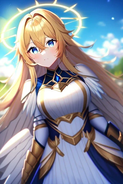 girl, masterpiece, best quality, cinematic lighting, detailed outfit, vibrant colors, perfect eyes, blue eyes, long hair, golden hair, messy hair, hair between eyes, depth of field, ray tracing, halo, outdoors, clouds, sun, light rays, god rays, lens flare, white wings, armored dress,