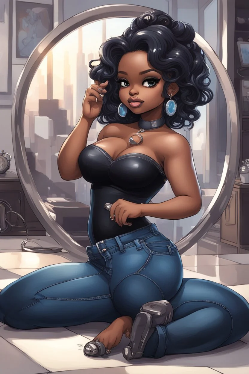 Create a futurism magna art of a black chibi curvy female sitting on the floor looking at herself in a hand mirror. She is wearing tight blue jeans and a black off the shoulder blouse. Prominent make up with lush lashes. Highly detailed long wavy hair. She is also wearing silver large hoop earringsart of a black chibi curvy female sitting on the floor looking at her cell phone. She is wearing tight blue jeans and a black off the shoulder blouse. Prominent make up with lush lashes.