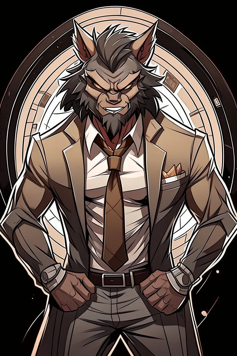 Buff, anthro, wolf, himbo, black fur, gold eyes, wearing a suit, full-body, muscles, strong, muscular, man boobs, bulky, tail, dark fur, smug grin, hands on hips,