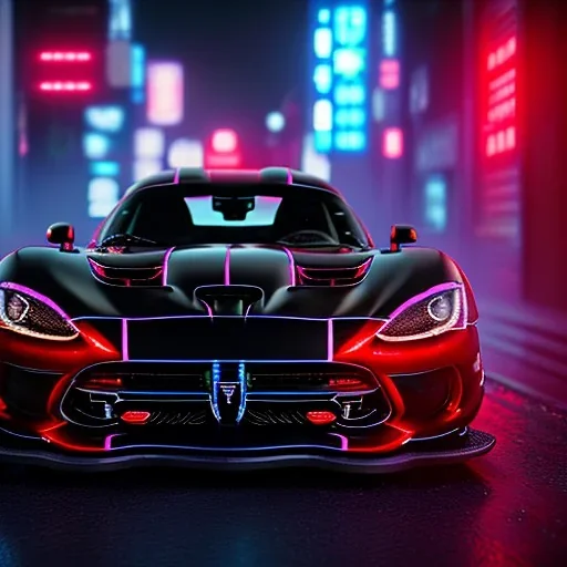 realistic black dodge viper; in an alternate universe in tokyo; cyberpunk; rain; neon signs