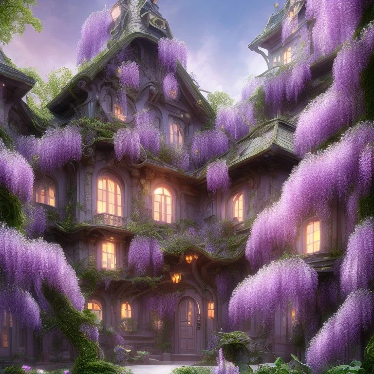 a magical flower wisteria house in the woods, pink vertical, sharp, vines, candlelit, endor, ornate, elegant, highly detailed, artstation, concept art, smooth, sharp focus, illustration, 8k, splash art, wallpaper, key visual