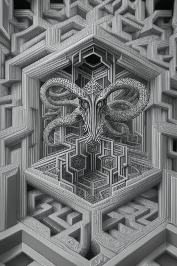 hexagon chrome labyrinth featuring illithid in the style of escher, 8k, trending art
