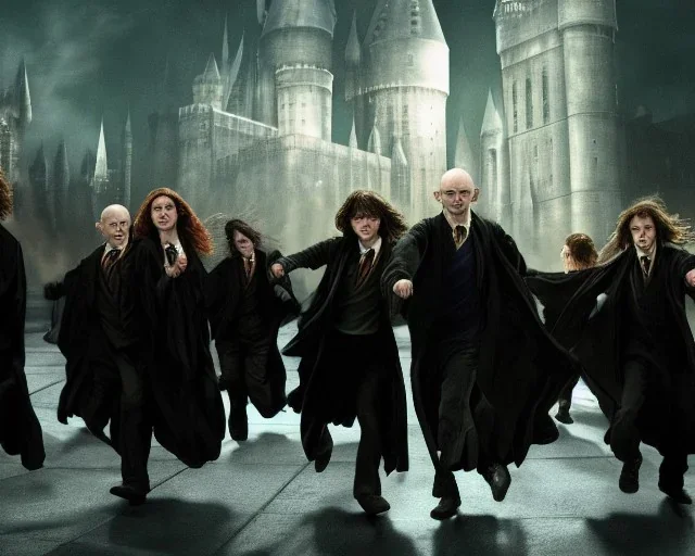 scene from harry potter and the order of the phoenix, dynamic lighting, dynamic movement, Sirius Black, Harry Potter, Remus Lupin, magic, 8k resolution, Voldemort, monochromatic, DSLR, panorama, complementary colours, splash of colour, hyperrealism, 8k resolution concept art, intricately detailed