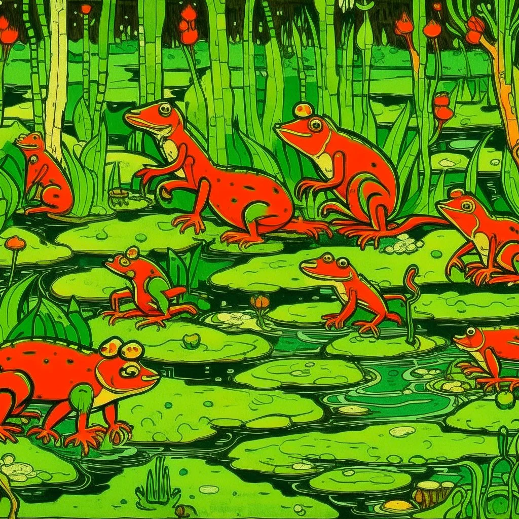 An olive green swamp with fiery orange frogs designed in Scandinavian folk art painted by Vincent van Gogh