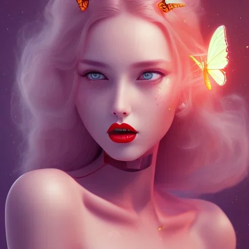  cute girl, red lips, with butterfly's flying around her, 8k quality, soft pastel colors