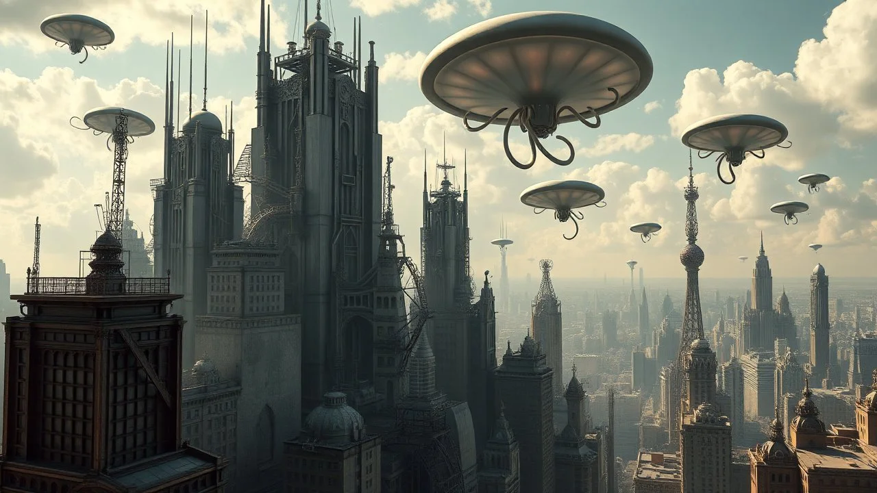 a stunningly weird image of a futuristic metropolis using Salvador Dali's paranoiac-critical method, where buildings and structures appear to melt into the skyline cityscape is filled with floating medusas and mad, twisted metal shapes that interact with the buildings and each other, forming a surreal tableau of a dreamlike reality. neu-steampunk vibe, essence of the scene in a cinematic manner, with dramatic shadows that enhance the distorted perspectives and bizarre mood