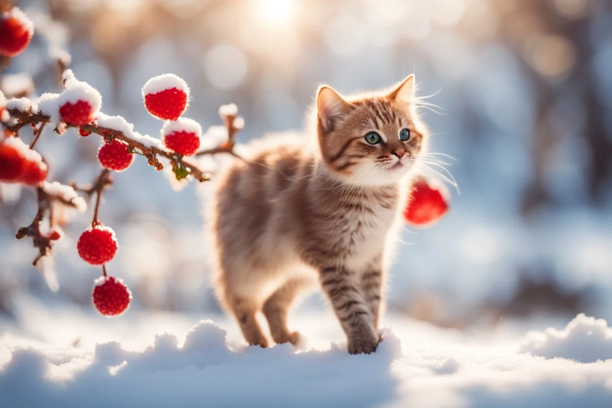 A beautiful colourful little cat catches a red berry while standing on a snowy branch in sunshine, ethereal, cinematic postprocessing, bokeh, dof