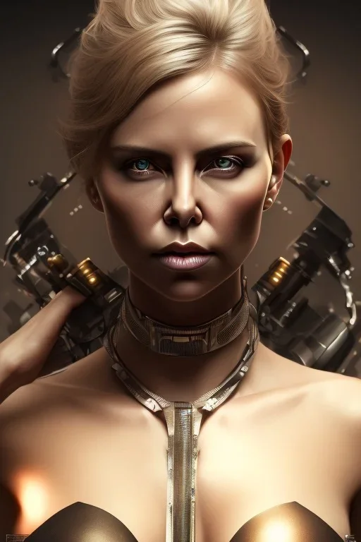 a Photorealistic dramatic hyperrealistic charlize theron cyberpunk paint ,Crystal black eyes, elegant,Artgerm, Beautiful dynamic,shadows,Artstation,concept design art,Octane render, golden