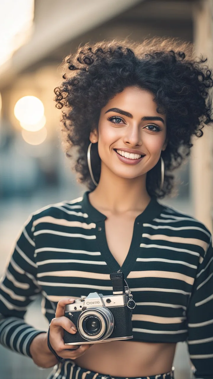 A realistic selfie-style self-portrait of a confident influencer aged arab18-37 in an urban setting, dressed in trendy sportswear or beachwear to showcase her slender figure. Her creative curly black hair shines under softbox lighting accentuating her flawless skin. The vintage camera shot with a macro lens introduces a charming bokeh effect. Every detail, from her complexion to body contour, is outlined for a high-quality image –ar 4:5 –testp –upbeta –octane.