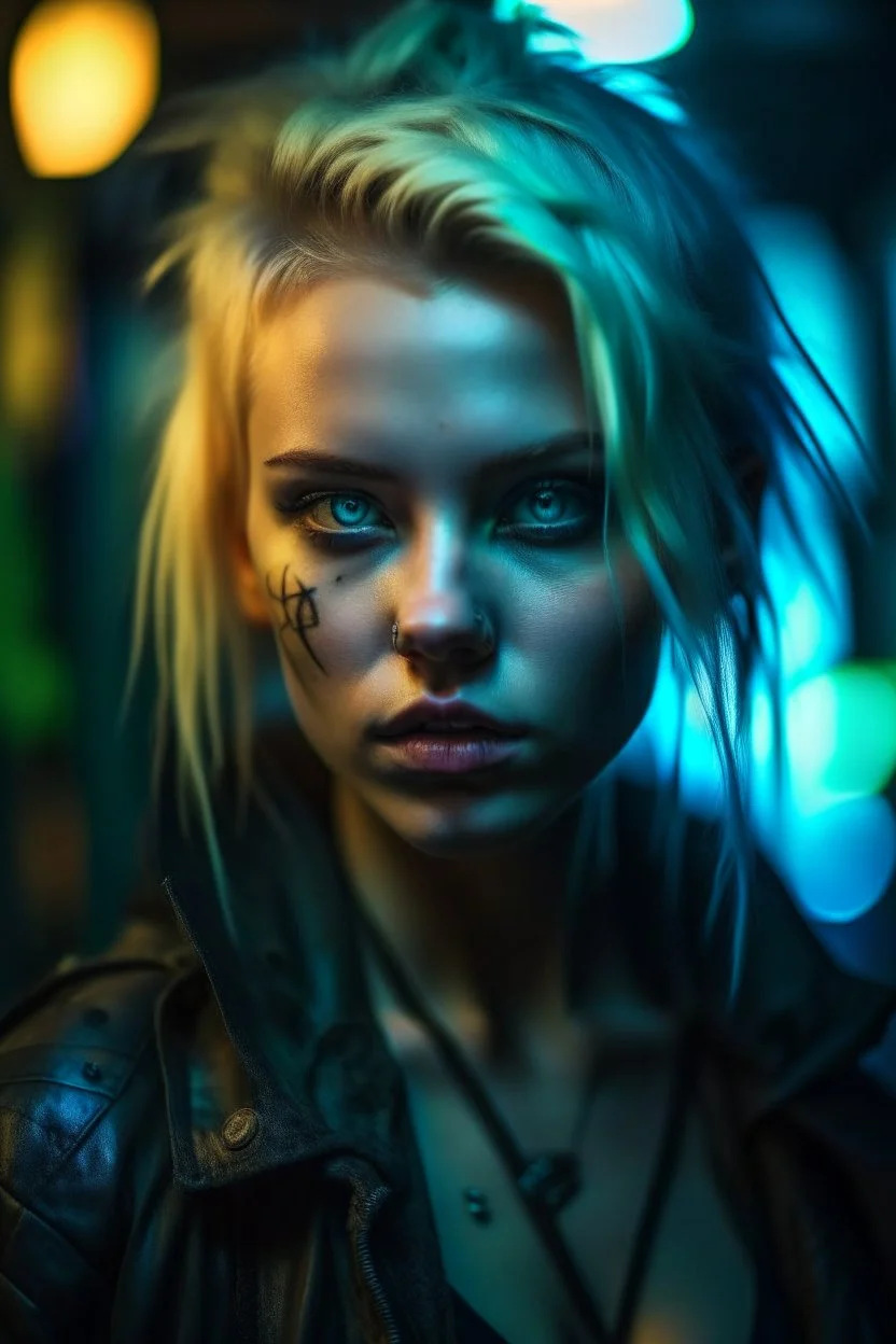 hyper real oil painting of blonde pierced cyberpunk Malkavian vampire portrait with clear blue-green eyes in spotlight feeling in control in goth ruins, zeiss prime lens, bokeh like f/0.8, tilt-shift lens 8k, high detail, smooth render, down-light, unreal engine, prize winning