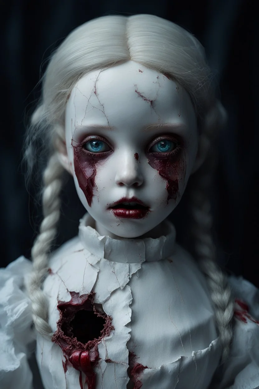 A hauntingly beautiful porcelain doll with small storms for eyes. Her skin is pale and cracked like porcelain. Her hair is red like wine with fire coming out. Her lips are sewn together except for one corner that is ripped and bleeding.