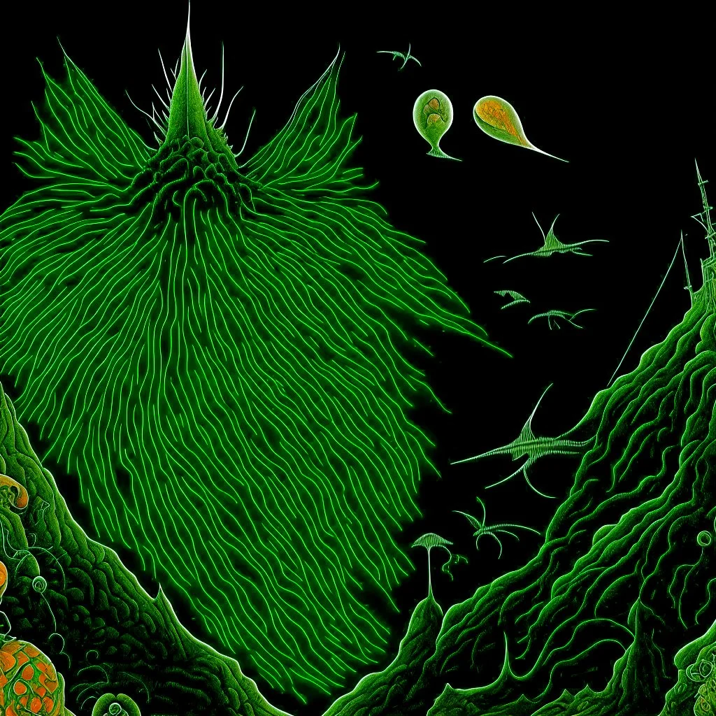 Anti-Telos expansive Bogomil landscape, essence of dark angels., Haeckel creatures crawl, by Aurelio Monge, Otto Rapp, Max Ernst, Hieronymus Bosch, liquid matte paint, tenebrism, meander art.