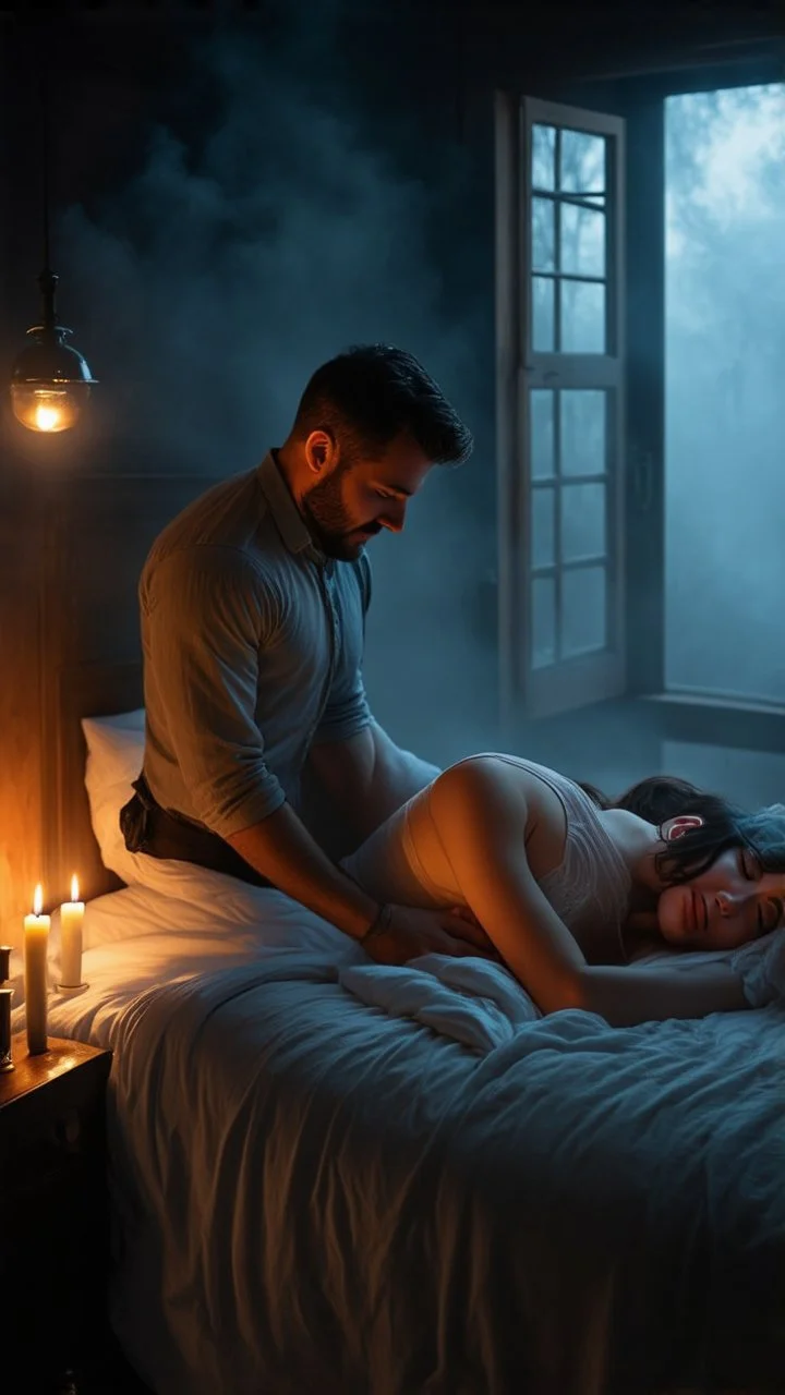 Remy Cogghe painting style, a trajectory a man holding his woman she is dying , she is laying down on bed in a foggy smoky background, in dark room with a dim candles light and a open window outside light , 4k, high quality photography