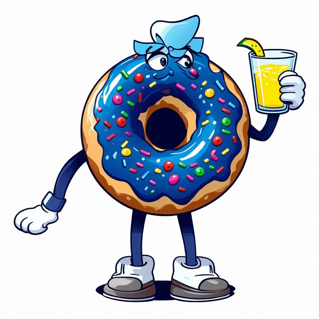 retro Cartoon mascot of a donut holding a glass of lemonade