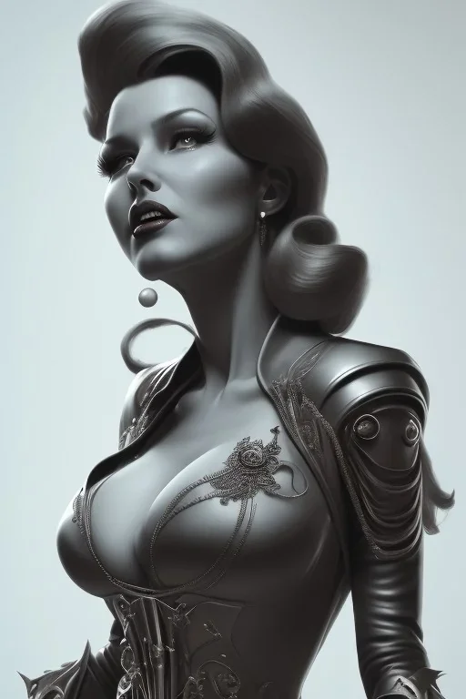 Rita Hayworth as evil queen in black leather, busty, cleavage, dominatrix, curvy, angry, stern look. character design by cory loftis, fenghua zhong, ryohei hase, ismail inceoglu and ruan jia. unreal engine 5, artistic lighting, highly detailed, photorealistic, fantasy