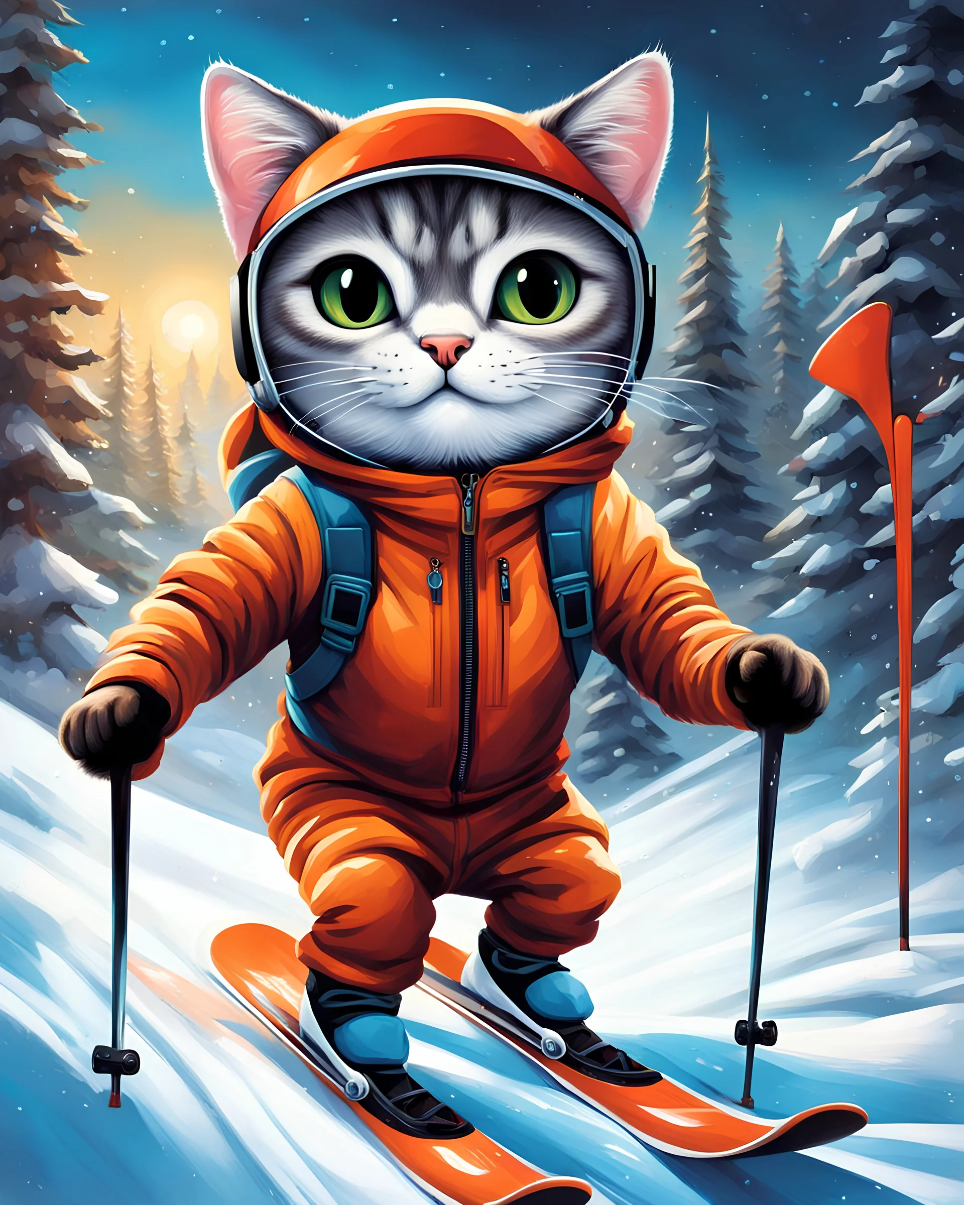 Hermosa Pintura coloreada arte graffiti de un gato antropomorfico con traje de esquiador, esquiando en la nieve, calidad ultra, hiperdetallado,12k