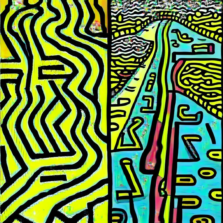 two roads diverged , art, acrilyc colors, bright, keith haring, picasso, masterpiece