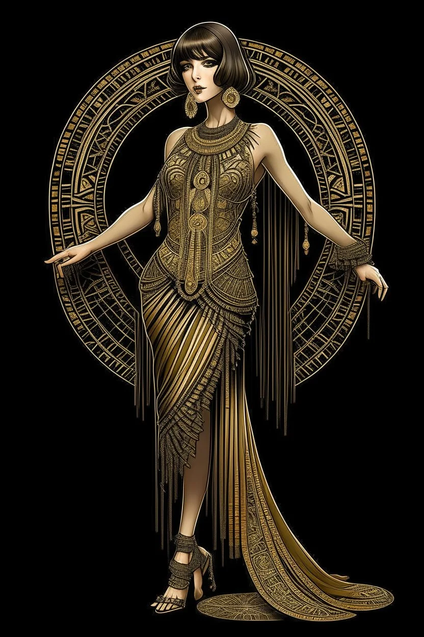 Full Body, Art Nouveau Woman With A Bob With A Fringe Hairstyle, Cleopatra Clothing, Steampunk, Black Background