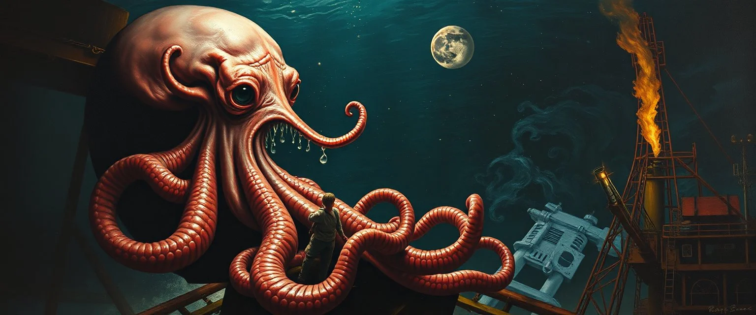 master oil painting by Rembrandt, roller coaster psycho squid breast feeding with some bad ass power off shore oil platform cyber punk people experiencing gravity at its worst, pin hole cam, twisted perspective, goa trance music poster