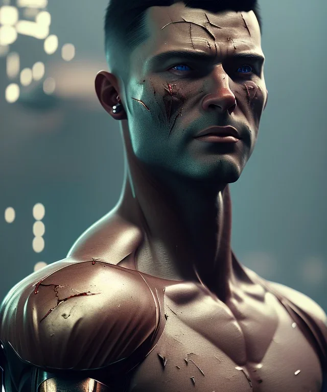 A strong muscular portrait with scars, deep colours, atmospheric, realistic, unreal engine, cinematic lighting, octane render, 8k.