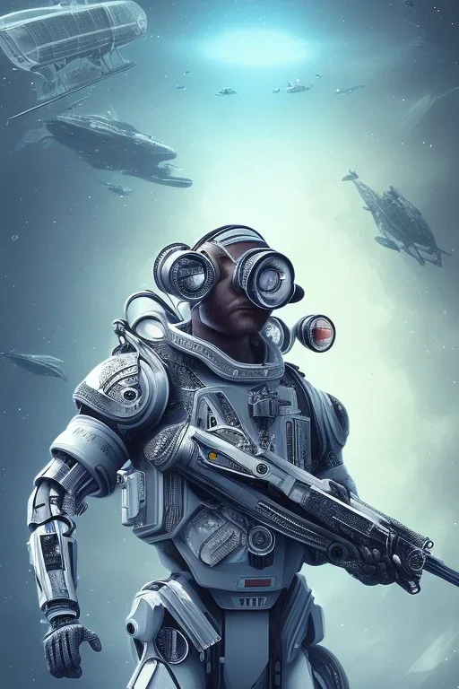 diver like a cyborg,with the gun,hi quality detail,hi quality textures,cinematic,realistic,aggressive,cosmic